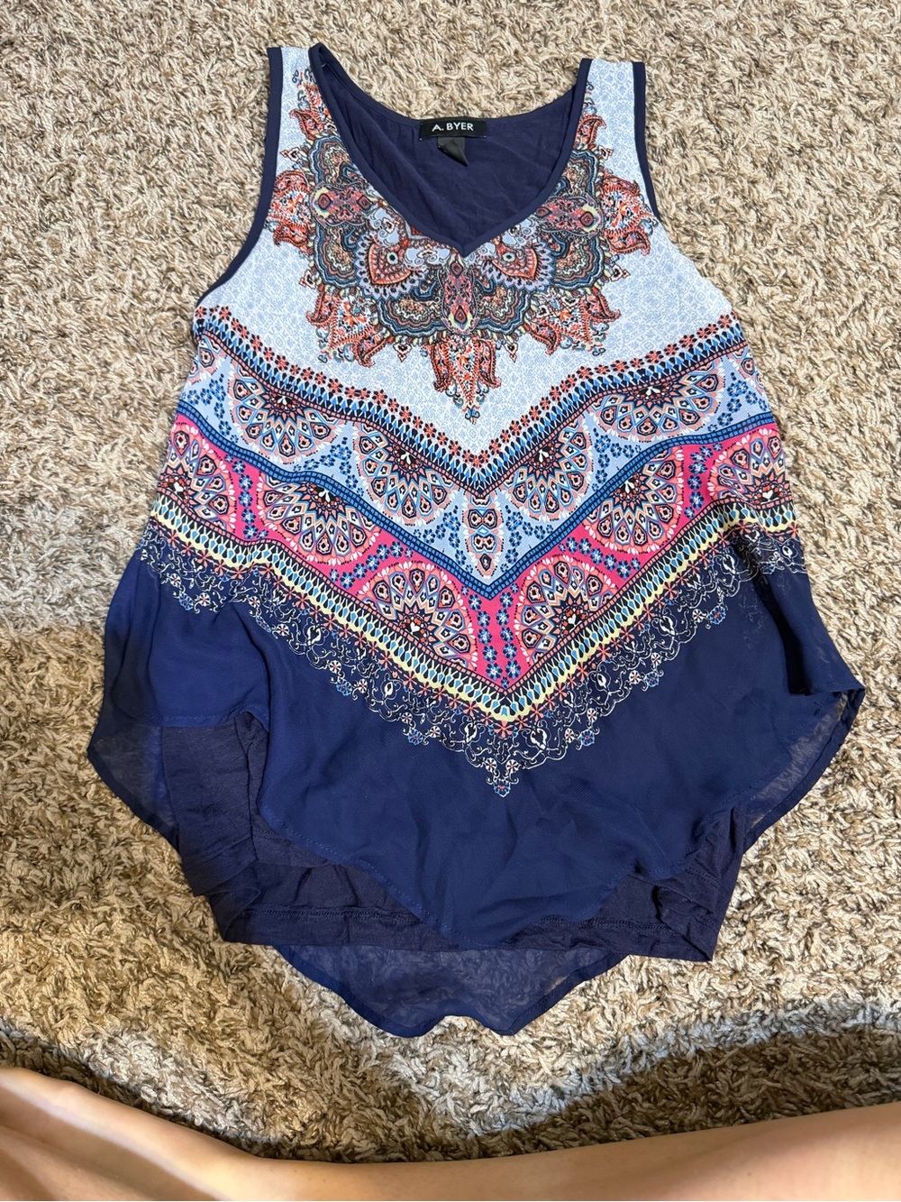 Women’s A. Byer blue and multi-color paisley print handkerchief-hem layered tank